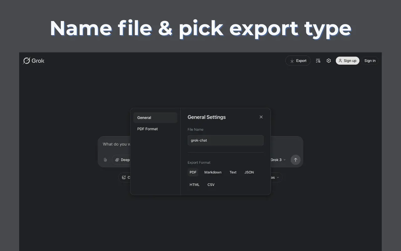 Grok to PDF extension options for customizing the output filename.